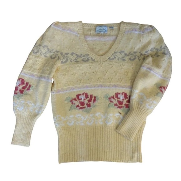 VTG 70s Yellow Pink Floral Cable Knit Vneck Sweater Large *Fits like Small - Picture 2 of 16